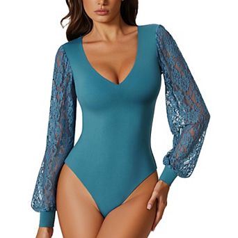 Avidlove Bodysuits for Women Long Sleeve V Neck Lace Bodysuit Going Out Outfits T Shirt Tops