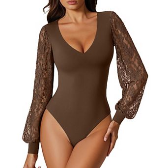 Avidlove Bodysuits for Women Long Sleeve V Neck Lace Bodysuit Going Out Outfits T Shirt Tops