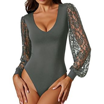 Avidlove Bodysuits for Women Long Sleeve V Neck Lace Bodysuit Going Out Outfits T Shirt Tops
