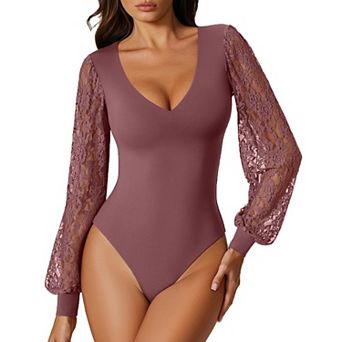 Avidlove Bodysuits for Women Long Sleeve V Neck Lace Bodysuit Going Out Outfits T Shirt Tops