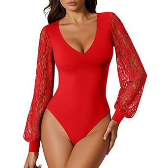Avidlove Bodysuits for Women Long Sleeve V Neck Lace Bodysuit Going Out Outfits T Shirt Tops
