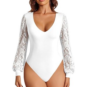 Avidlove Bodysuits for Women Long Sleeve V Neck Lace Bodysuit Going Out Outfits T Shirt Tops