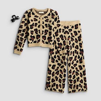 Girls 4-6x BTween 3 pc Leopard Print Sweater Cardigan, Pants & Bow Set in Regular & Plus Sizes