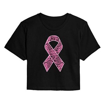 Juniors' Lace Breast Cancer Ribbon Cropped Tee