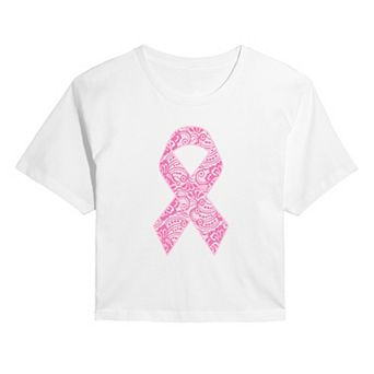 Juniors' Lace Breast Cancer Ribbon Cropped Tee