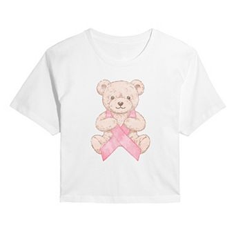 Juniors' Breast Cancer Awareness Teddy Bear Cropped Tee