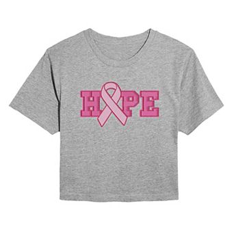 Juniors' Hope Breast Cancer Ribbon Patches Cropped Tee
