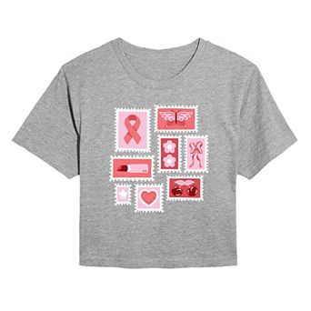 Juniors' Breast Cancer Awareness Stamps Collage Cropped Tee