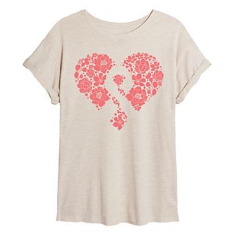 Juniors' Breast Cancer Awareness Floral Ribbon Heart Oversized Tee
