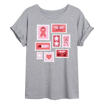 Juniors' Breast Cancer Awareness Stamps Collage Oversized Tee