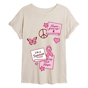 Juniors' Breast Cancer Awareness Inspirational Notes Oversized Tee