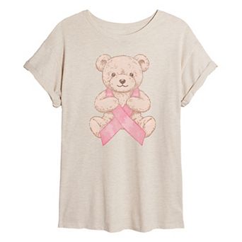 Juniors' Breast Cancer Awareness Teddy Bear Pink Ribbon Oversized Tee