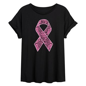 Juniors' Lace Breast Cancer Ribbon Oversized Tee