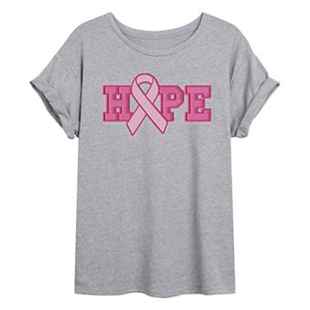 Juniors' Hope Breast Cancer Ribbon Patches Oversized Tee