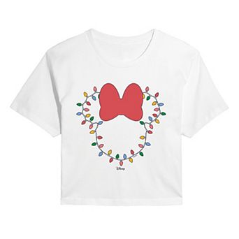 Juniors' Disney's Minnie Mouse Christmas Lights Cropped Tee