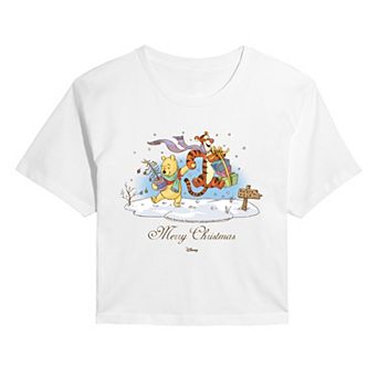 Juniors' Disney's Winnie The Pooh & Tigger Merry Christmas Cropped Tee