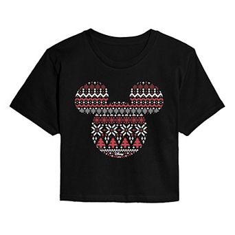 Juniors' Disney's Mickey Mouse Fair Isle Cropped Tee