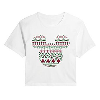 Juniors' Disney's Mickey Mouse Fair Isle Holiday Cropped Tee
