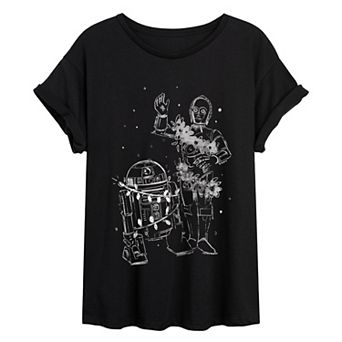 Juniors' Star Wars C-3PO & R2-D2 Holiday Lights Oversized Tee