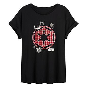 Juniors' Star Wars Holiday Plaid Empire Icon Oversized Tee