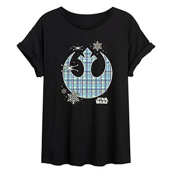 Juniors' Star Wars Holiday Plaid Rebel Icon Oversized Tee