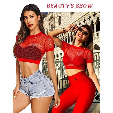 Avidlove Fishnet Top Short Sleeve Crop T Shirt for Women Fish Net See Through Blouse