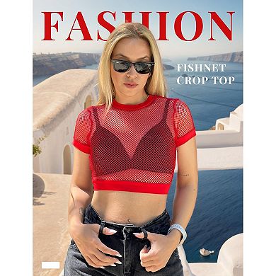 Avidlove Fishnet Top Short Sleeve Crop T Shirt for Women Fish Net See Through Blouse