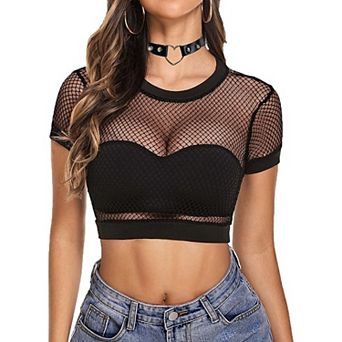 Avidlove Fishnet Top Short Sleeve Crop T Shirt for Women Fish Net See Through Blouse
