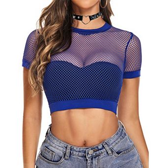 Avidlove Fishnet Top Short Sleeve Crop T Shirt for Women Fish Net See Through Blouse