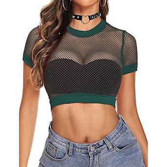 Avidlove Fishnet Top Short Sleeve Crop T Shirt for Women Fish Net See Through Blouse