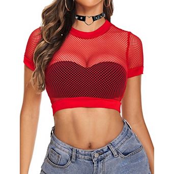 Avidlove Fishnet Top Short Sleeve Crop T Shirt for Women Fish Net See Through Blouse