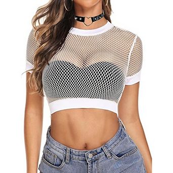 Avidlove Fishnet Top Short Sleeve Crop T Shirt for Women Fish Net See Through Blouse