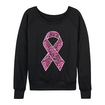 Women's Lace Breast Cancer Ribbon French Terry Long Sleeve Tee