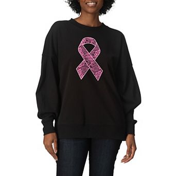 Women's Lace Breast Cancer Ribbon Oversized Fleece Crew Sweatshirt