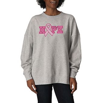 Women's Hope Breast Cancer Ribbon Oversized Fleece Crew Sweatshirt