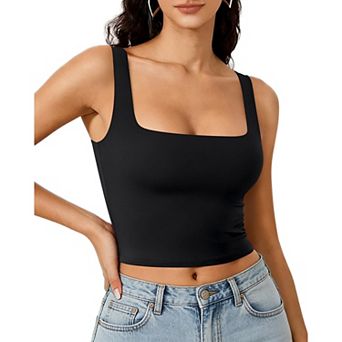 Avidlove Crop Top for Woman Square Neck Tank Double Lined Going Out Slimming Fitted Basic Summer