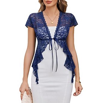 Avidlove Sheer Shrug Short Sleeve Tie Front Crop Top YK Lace Shirt Bolero Shrugs for Dress Going