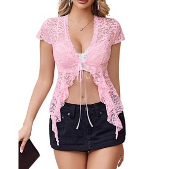 Avidlove Sheer Shrug Short Sleeve Tie Front Crop Top YK Lace Shirt Bolero Shrugs for Dress Going