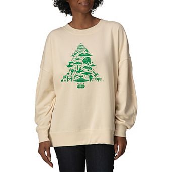 Women's Star Wars Ships Christmas Tree Oversized Fleece Crew Sweatshirt