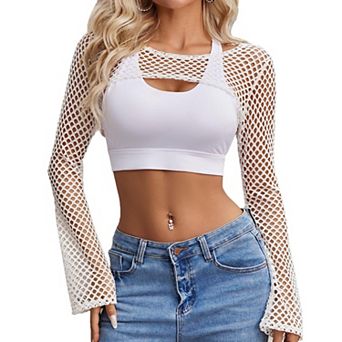 Avidlove Mesh Long Sleeve Tops for Women Crochet Tops Fishnet Sheer Shirt Yk Top Clubwear