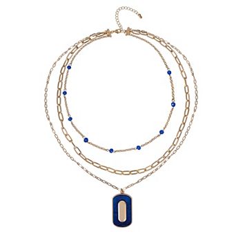 Emberly Gold Tone Polished Layered Pendant Necklace with Blue Bead Accents