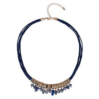 Emberly Gold Tone Multi Strand Blue Cord Necklace with Beaded Drops