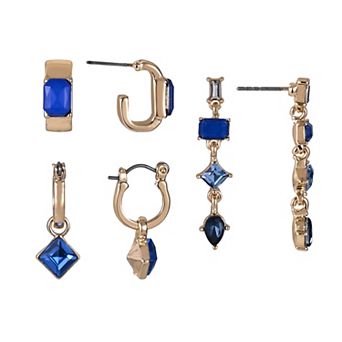 Emberly Gold Tone Blue Stone Trio Earring Set