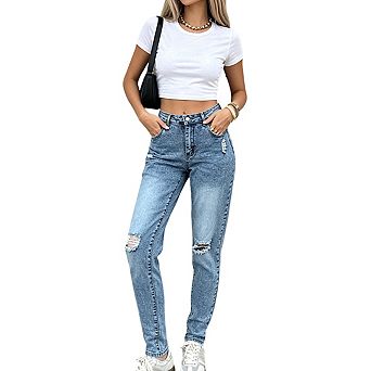 Womens High Waisted Distressed Jeans Relaxed Tapered Leg Casual Denim Pants