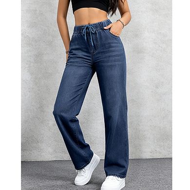 Womens Elastic Waist Drawstring Wide Leg Jeans Relaxed Fit Casual Denim Pants