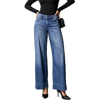 Womens High Waisted Wide Leg Jeans Classic Button Fly Stitched Hem Denim Pants