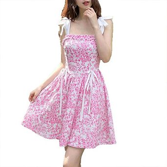 Women's Sleeveless Floral Tie Shoulder Cami Lace Up Side Vintage Flared Short Party Vacation Dresses