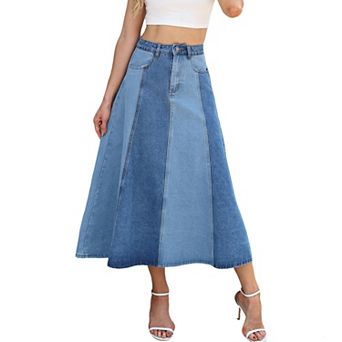 Women's High Waist Patchwork Denim Midi Skirt, A-Line Long Jean Skirt