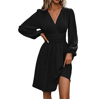 Womens Casual Deep V Neck Long Sleeve A-Line High Waist Mini Dress for Cocktail Wedding Guest