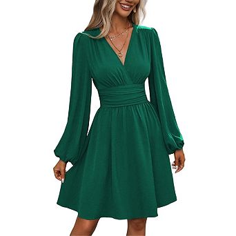 Womens Casual Deep V Neck Long Sleeve A-Line High Waist Mini Dress for Cocktail Wedding Guest